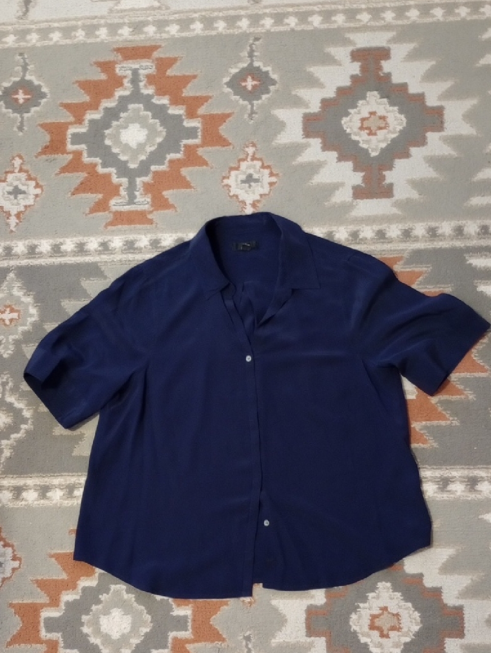 Silk Navy Short-Sleeve Button-Down Shirt